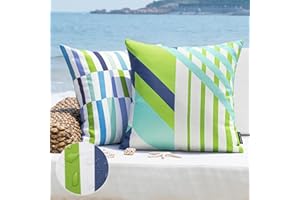 Phantoscope Pack of 2 Outdoor Pillows Waterproof Geometric Stripes Outdoor Pillow Covers, Decorative Square Patio Pillows Cushion Case for Couch Tent Sunbrella, Blue and Green 18 x 18 Inches