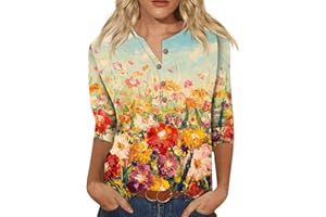 AMOBER Women's 2024 Summer Henley V Neck Button Up Tunic Ladies Loose Fit Tops Flowy 3/4 Sleeve Basic Blouse Tops