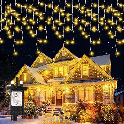 Buudala Icicle Lights Outdoor Christmas, 400LED 12.8+5M Golden Warm Icicle Light 8 Modes Plug-in IP65 Waterproof Light Up Xmas Fairy Indoor Outdoor Decor for Roof Window Curtain