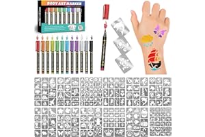 YAZHIJI Temporary Tattoo Markers for Skin, 12 Metallic Body Markers + 183 Temporary Tattoo Stencils for Kids Adults, Flexible Brush Tip, Bright Colors, Cosmetic Tattoos Pens for Kids Adults, DIY Body Art Set