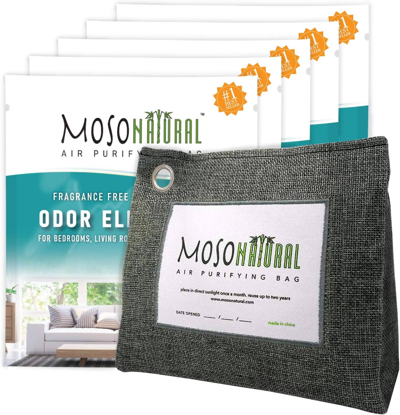 MOSO NATURAL: The Original Air Purifying Bag. 600g Stand Up Design (5 Pack). for Kitchen, Basement, Family Room. an Unscented, Chemical-Free Odor Eliminator (Charcoal)