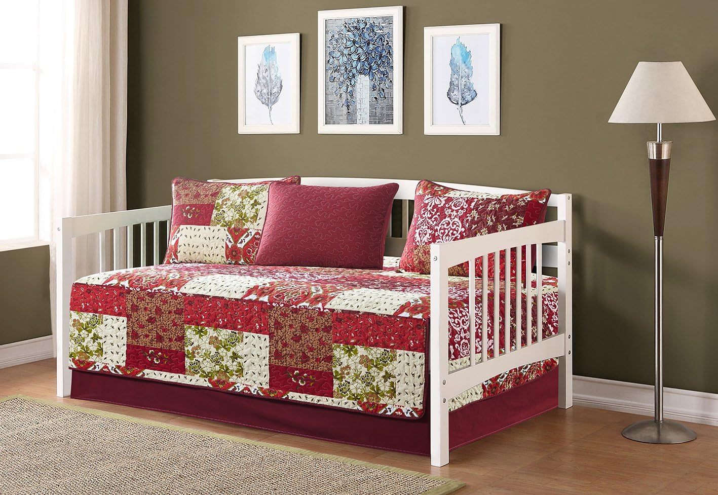 Mk Collection 5pc Day Bed Oversize Quilted Cover Set Patchwork Floral Red Burgundy Green Beige Brown White New