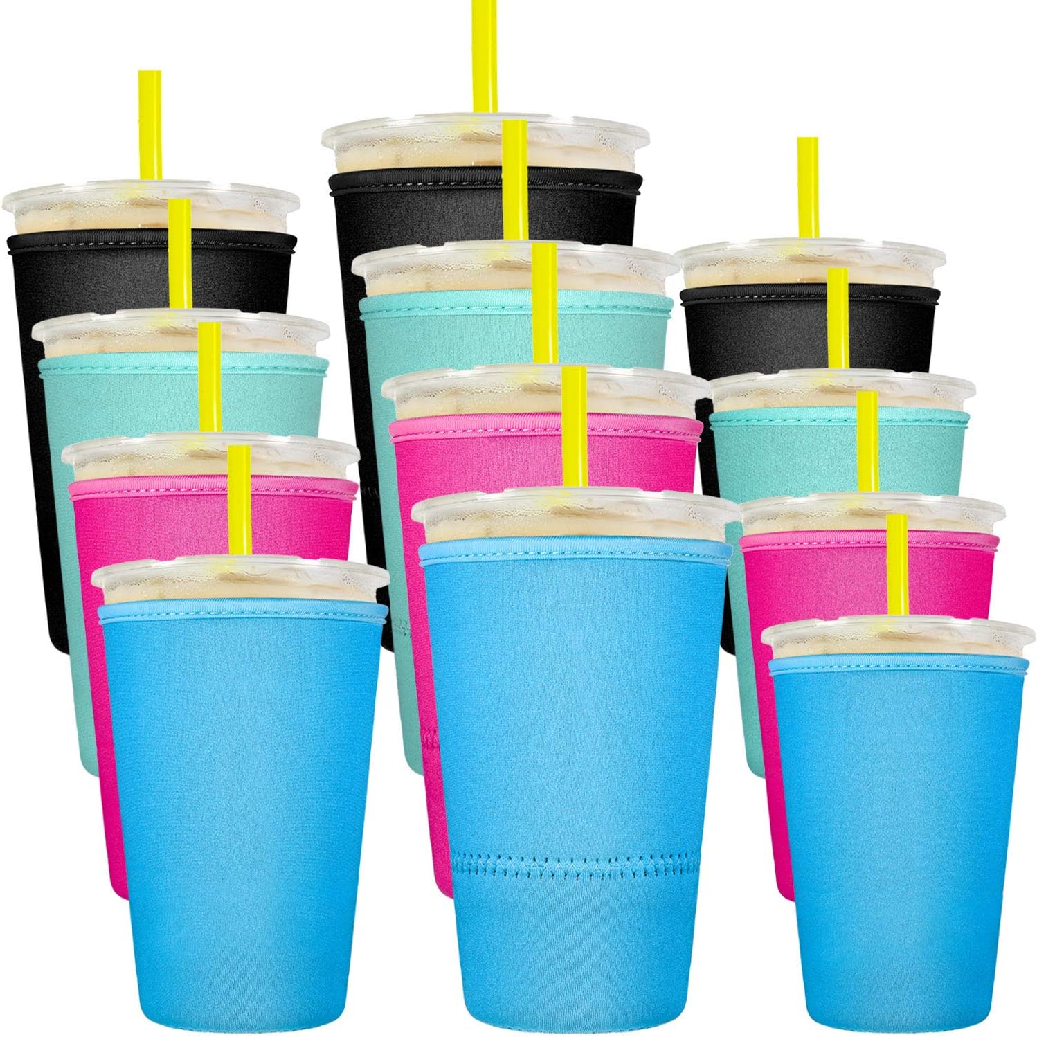 12 Pieces Reusable Iced Coffee Cup Sleeves Insulated Cup Covers Insulator Sleeves Drinks Holders for 10 to 32 Ounce Cold Hot Drink Beverages Cup Bottles, 3 Sizes, Black, Light Blue, Pink and Green