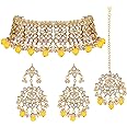 Aheli Elegant Indian Faux Kundan Studded Choker Necklace with Maang Tikka Set Ethnic Wedding Wear Fashion Jewelry Gift for Women Blue