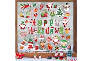 Whaline 9 Sheets Christmas Window Cling Stickers Xmas Santa Reindeer Cartoon Reusable Window Decals for Holiday Party Home Office Classroom Decoration