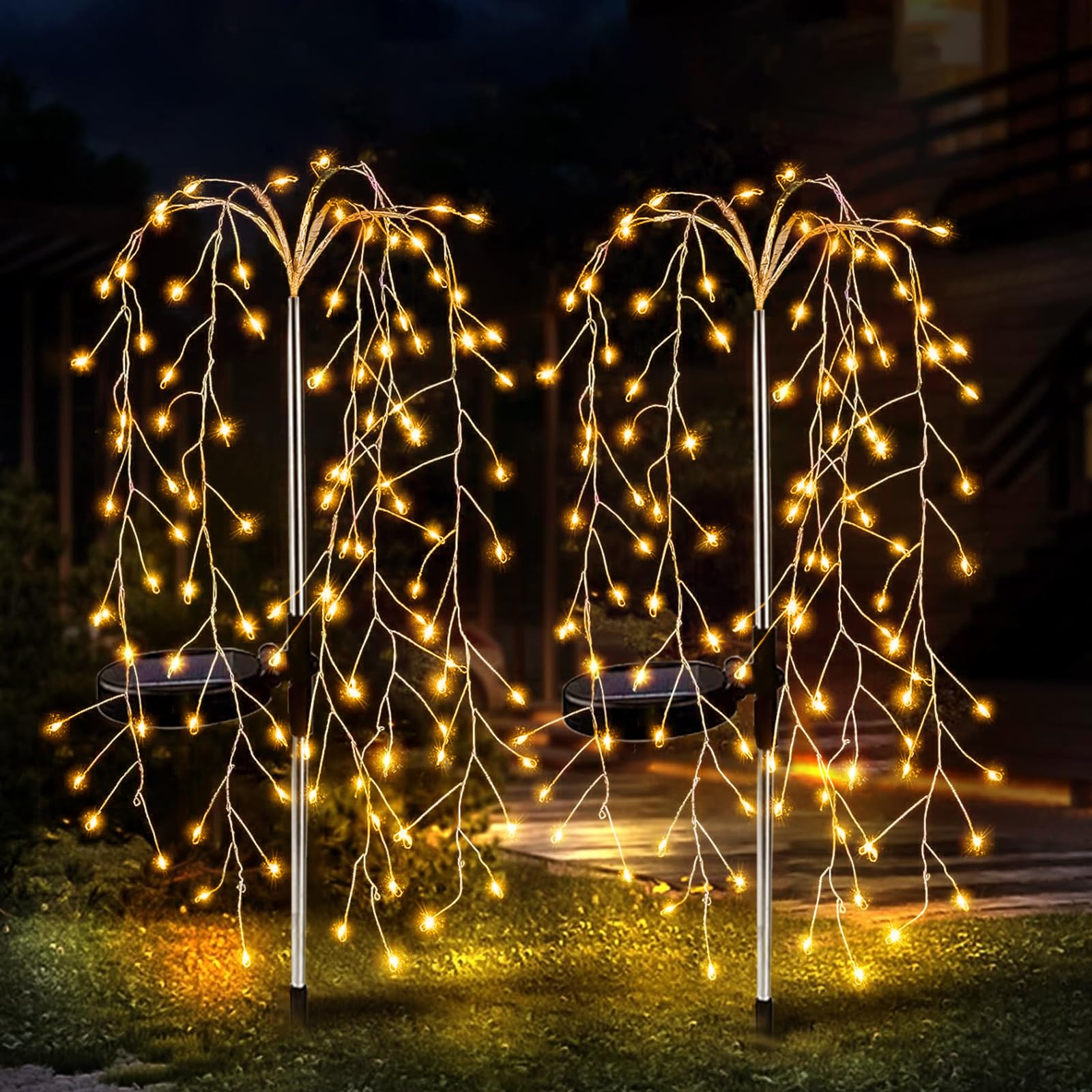 JIMACRO Solar Ground Light Outdoor, 2Pcs 240LEDs Willow Tree Lights, 8 Modes Waterproof Copper Wire Fairy Starburst Garden Decor for Walkway, Yard, Pathway, Lawn, Patio