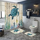 Glowevera Vivantia 4Pcs Nautical Ocean Beach Sea Turtle Bathroom Set with Starfish Coral Shower Curtain,Turtle Shower Curtain with Non-Slip Rugs, Toilet Lid Cover and Mat,Gift for BoyGirl Kid