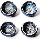 CmengAo Handcrafted Jianzhan Ceramic Tea Cups Set of 4, Blue Glazed, 3 oz | Small Tea Tasting Cup, Inlaid Lotus, Fish, Dragon, Phoenix, Gongfu Tea Ceremony, Housewarming Decor Gift