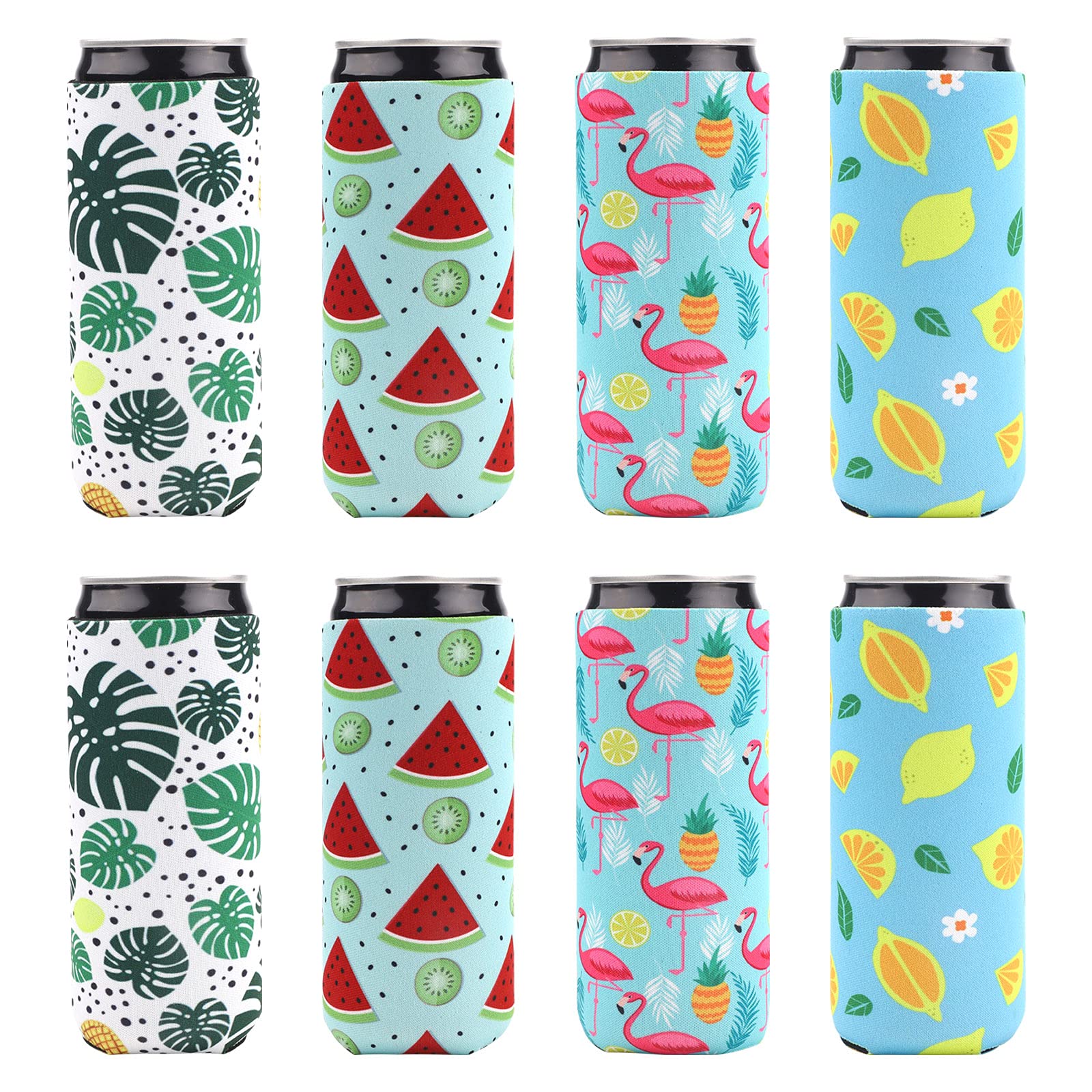 8 Pack Neoprene Can Cooler Can Sleeves for Drinks Cans Neoprene Coffee Cup Sleeve Pineapple Flamingo Lemon Palm Patterned Insulated Neoprene Drink Sleeve Beer Sleeve Cooler for Hawaiian Party High