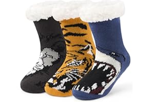 Boys Fuzzy Winter Socks for Kids Boys Thick Thermal Socks with Grips Fleece Lined Warm Fluffy Socks for Home 3 Pack