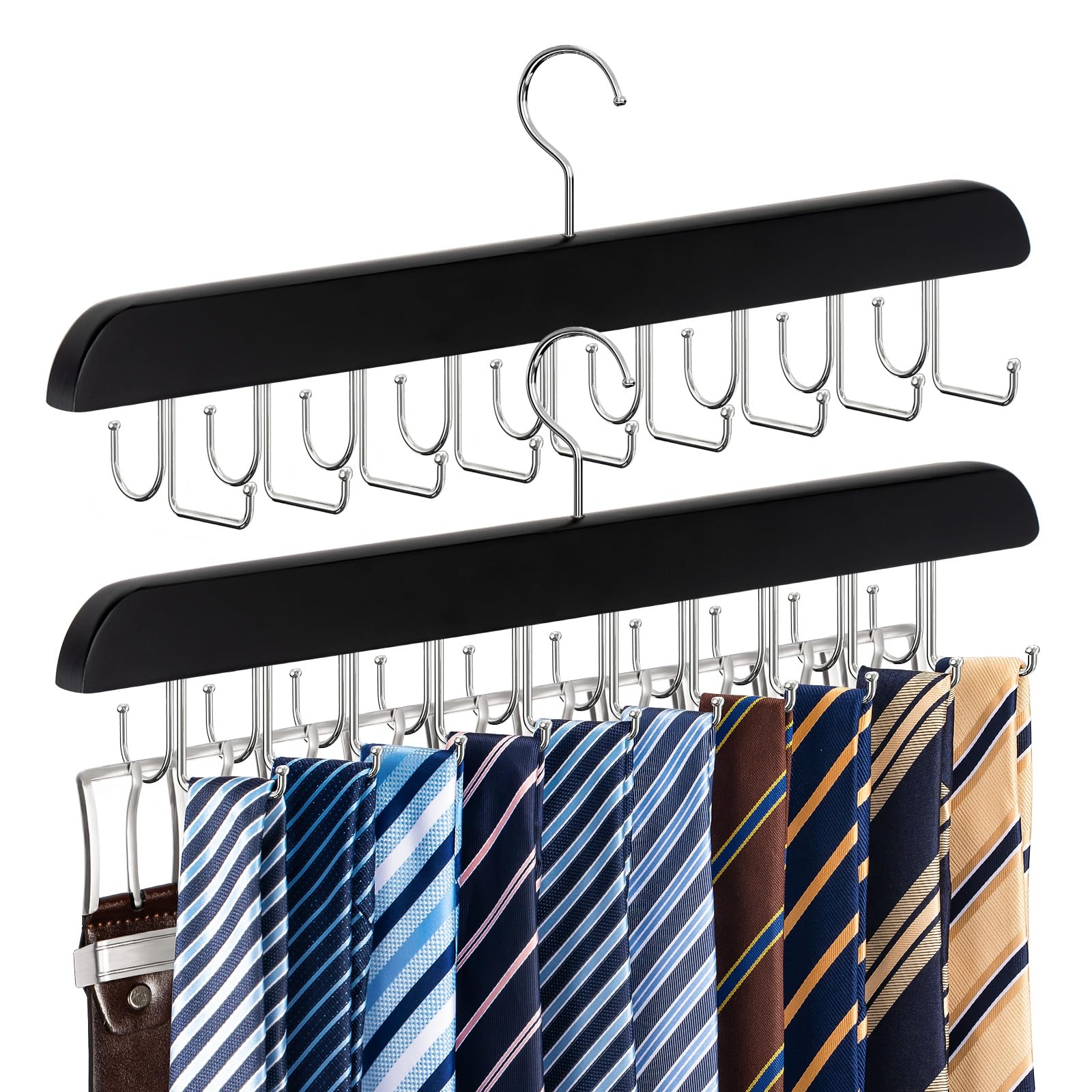 Photo 1 of 2 Pack 2-in-1 Belt and Tie Hanger for Closet, Upgraded Tie Rack with 20 Foldable Non-Slip Hooks, Max 30 Belts and 30 Ties, Space-Saving Wooden Tie and Belt Organizer for Camisoles, Bras, Scarves