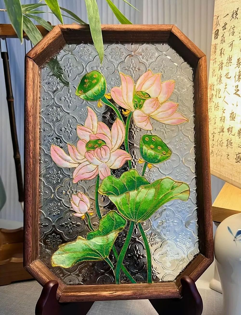 Magicaldiy Cloisonne Enamel Painting DIY Kit for Adults Beginners, Lotus Pattern Cloisonne Painting Kit, DIY Pink Flower Filigree Enamel Glass Serving Tray, Make Own Home Decorative Tray