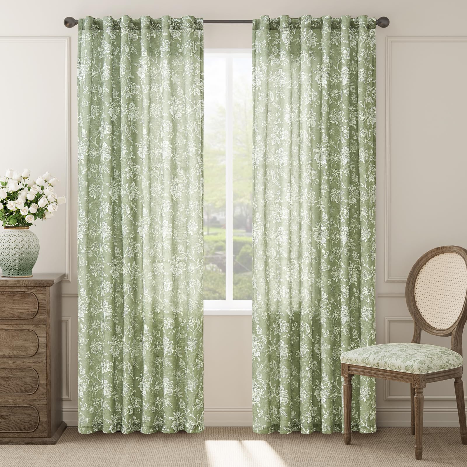 Photo 1 of jinchan Linen Floral Curtains for Living Room with Printed Flower 84 Inches Long Light Filtering French Country Back Tab Rod Pocket Sage Green Window Curtain Set Farmhouse Drapes 2 Panels