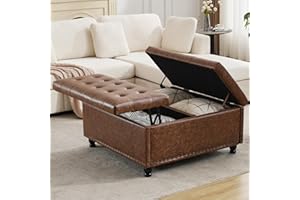 Tbfit Large Square Storage Ottoman Bench, Tufted Upholstered Coffee Table Ottoman with Lift Top & Solid Wood Legs, Oversized Storage Ottomans Toy Box for Living Room (Brown)