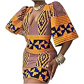 Multifit Women Boho African Floral Print Pleated Short Midi Dress Multi-Way Dress for Casual Rave Club Party