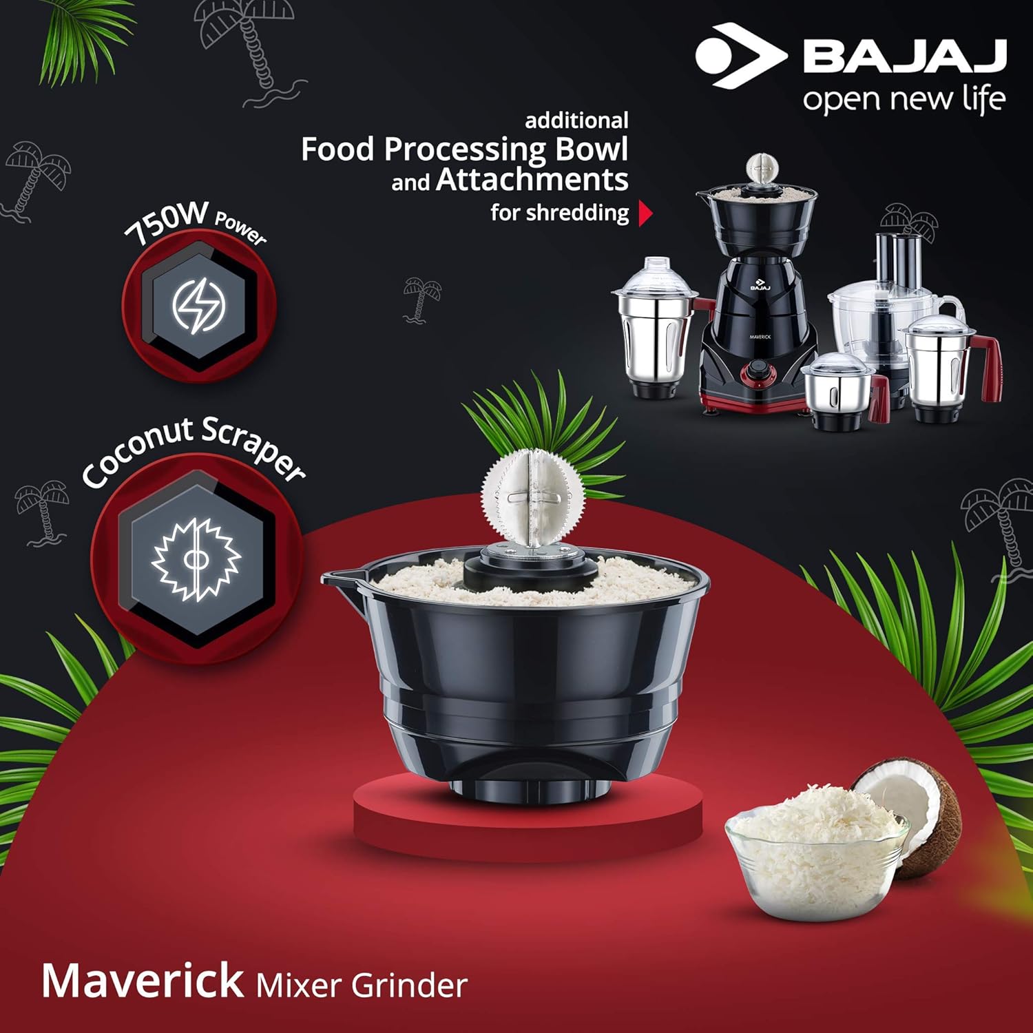 Mixer Grinder 750W With 3 Jars Food Processor Bowl and Coconut Scraper