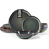 Herogo 12PCS Stoneware Dinnerware Sets, Plates and Bowls Dish Set for 4, Irregular Handmade Dinner Ware Dishware for Kitchen Dinning, Microwave & Dishwasher Safe, Lichen Green