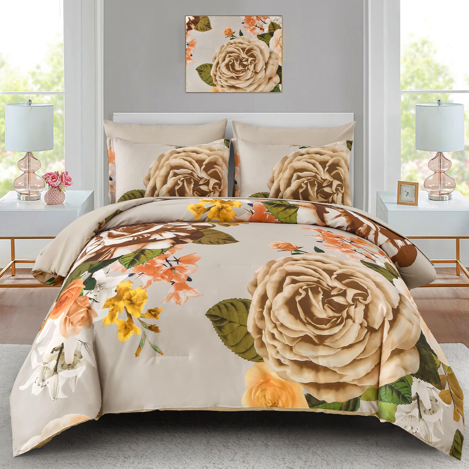 Drucon Brown Floral Comforter Set King, 7 Pieces Bed in a Bag Botanical Floral Comforter Soft Microfiber Brown Bedding Set King Size Bed with Sheet and Pillowcase Image