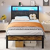 Liians Twin Size Platform Bed Frame with LED Lights, Grey Upholstered Headboard with 2-Tier Storage Shelves, Charging Station, Noise Free, No Box Spring Needed, Easy Assemably