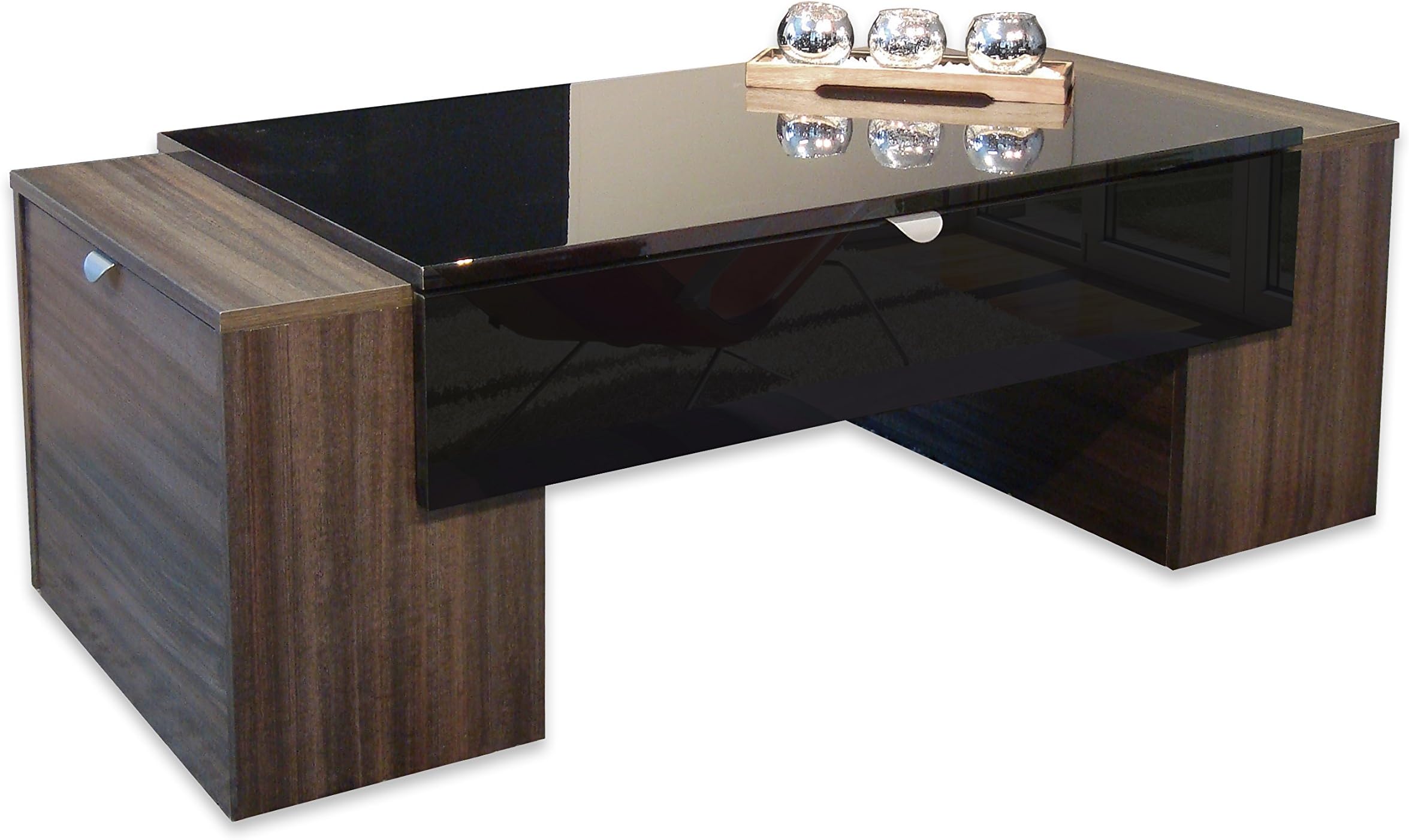Berlioz Creations Lucky Coffee table with drawer + Storage box, High Glossy Black/Plum tree decor, 123 x 42 x 55 cm, 100% Made in France
