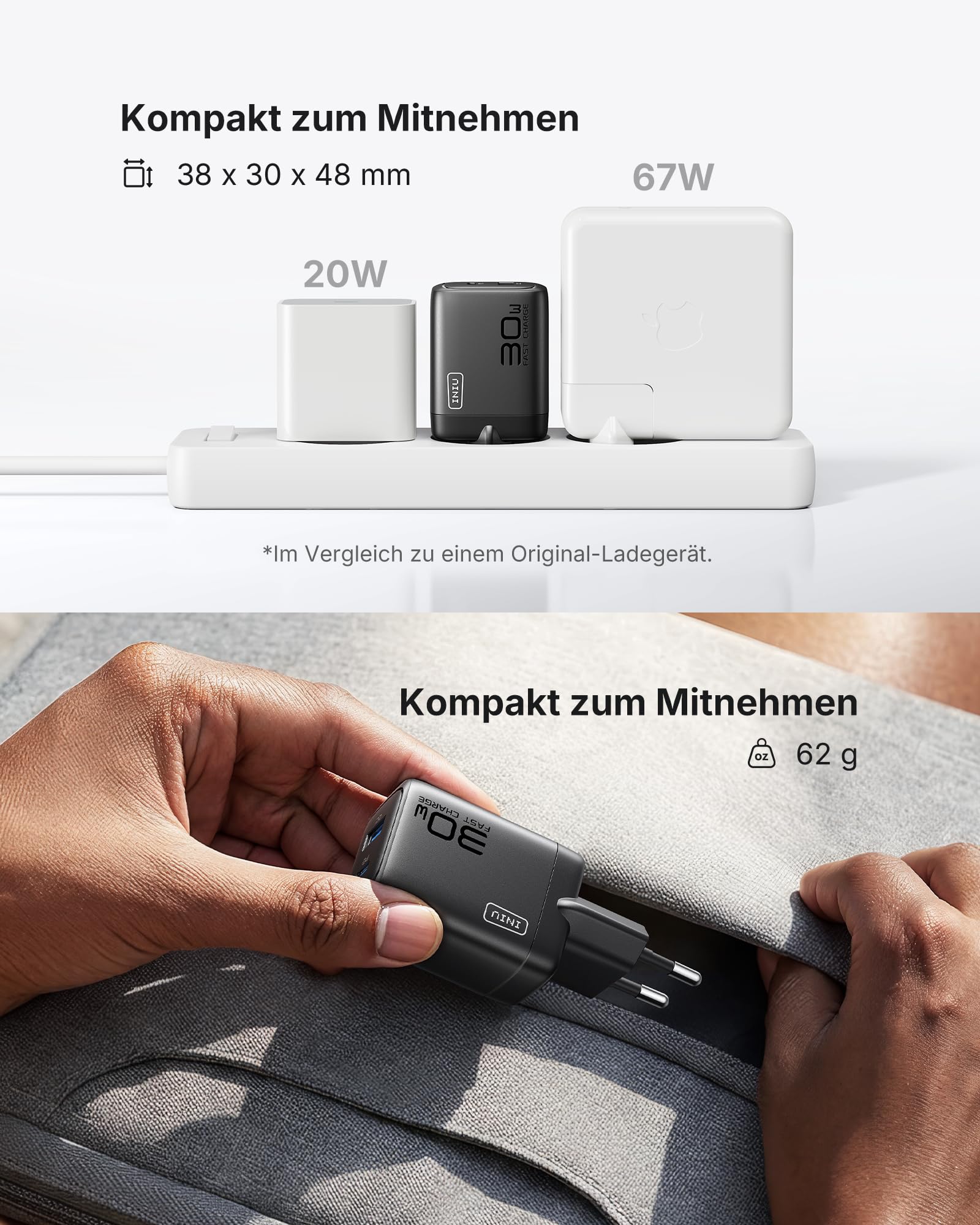 INIU 30W USB C Ladegerät, Dual-Port GaN Schnellladegerät mit 1,5m 60W Kabel 5