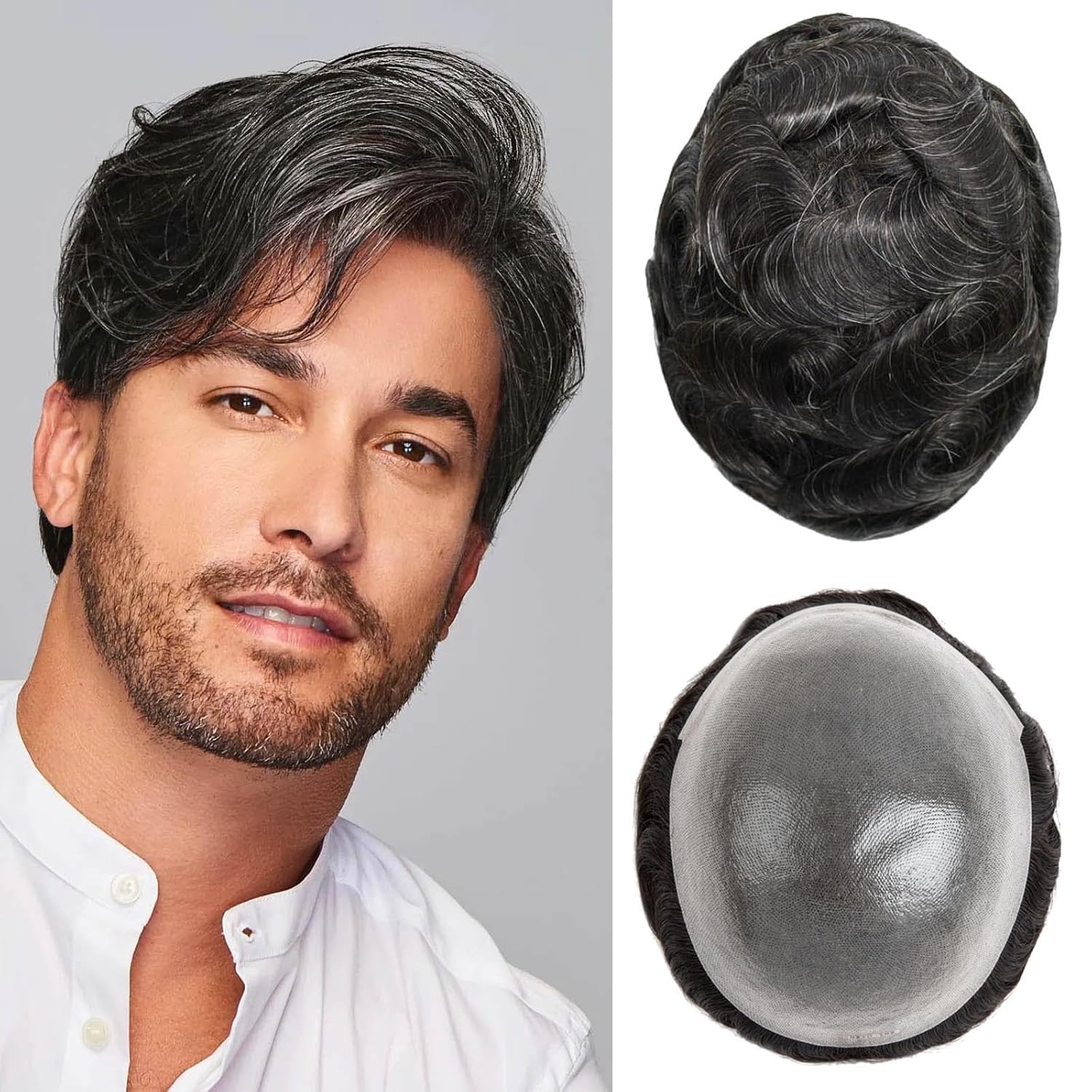 Toupee For Men 0.1mm Poly Skin Human Hair System For Men Men'S Toupee V-Loop Knots Durable Pu Toupee Human Hair Mens Wig Base Size 8X10 Inch 120% Density （#1B10）