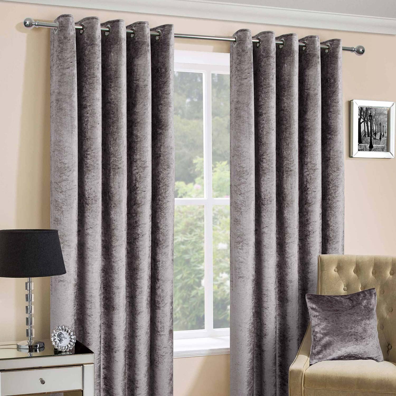Homescapes Silver Crushed Velvet Lined Curtain Pair 66 x 90 Inch Drop