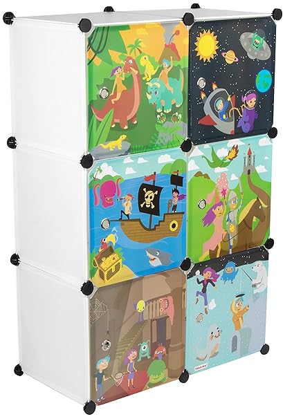 KEKSKRONE Großer Kinderschrank Bunte Motiv-Türen - DIY Stecksystem - 6 Module je 37 x 37 x 37 cm, Weiß | Kinderzimmer-Schrank