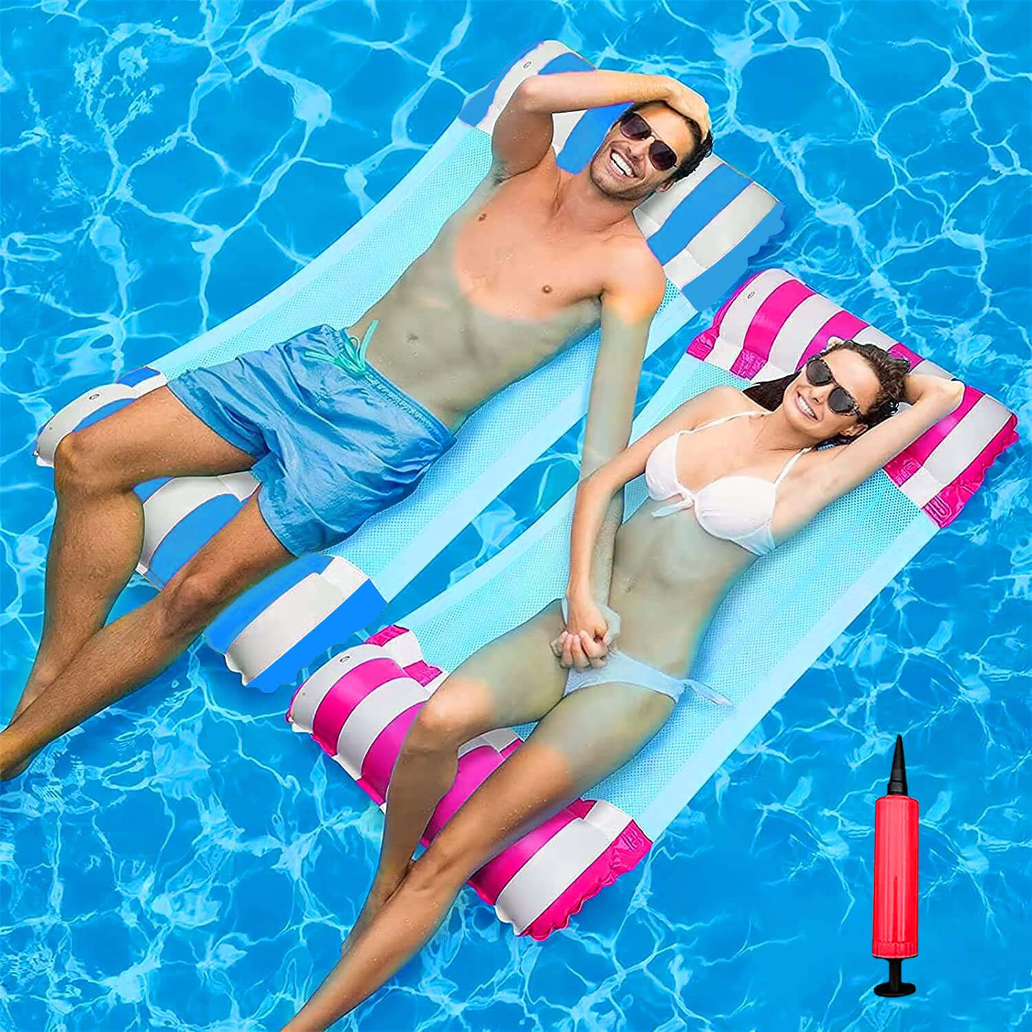 2 Pack Inflatable Pool Floats Hammock Water Hammock Bed Swimming Pool Float Chair Bed with Infloator Pump for Swimming Pools Hot Tub Beach Summer