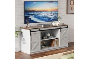 YESHOMY Farmhouse TV Stand for Televisions up to 65 Inches, Sliding Barn Doors and Storage Cabinets, Console Table and Media Furniture for Living Room, 58 Inch, Milk White