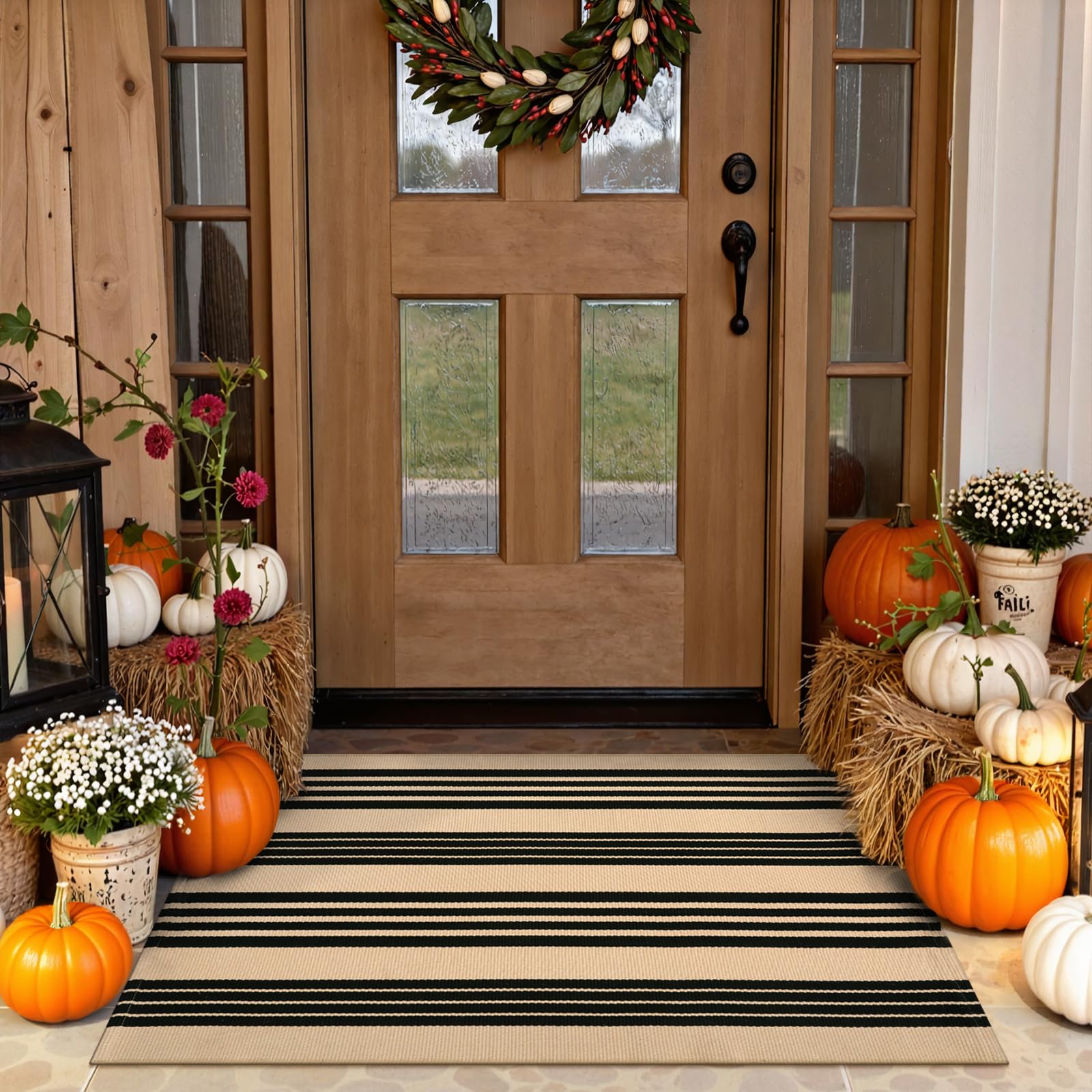 Photo 1 of Sungea Black and Khaki Striped Rugs 2.3'x3.6', Washable Hand Woven Fall Front Door Rug, Reversible Outdoor Welcome Mat Foldable Layered Door Mats for Entryway Porch Decor Home Entrance