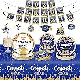 2025 Graduation Party Decorations – Blue Graduation Party Dinnerware Set for 25 Guests, Includes Plates, Napkins, Tablecloth, Banner, Hanging Swirls – Grad Supplies Kit
