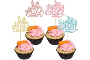 Gyufise 24 Pack Happy Easter Cupcake Toppers Glitter Rabbit Bunny Cupcake Pick Decorations for Happy Easter Spring Themed Baby Shower Kids Birthday Cake Decoration Party Supplies Multi