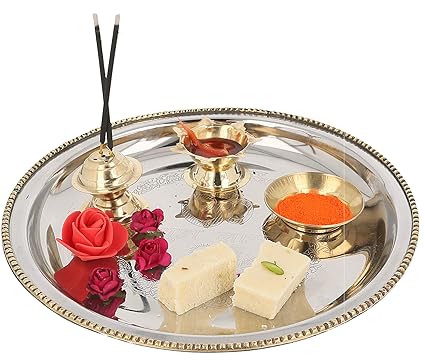 JaipurCrafts Steel and Brass Puja Thali Set for Diwali Poojan/Pooja Room (Gold, Silver)