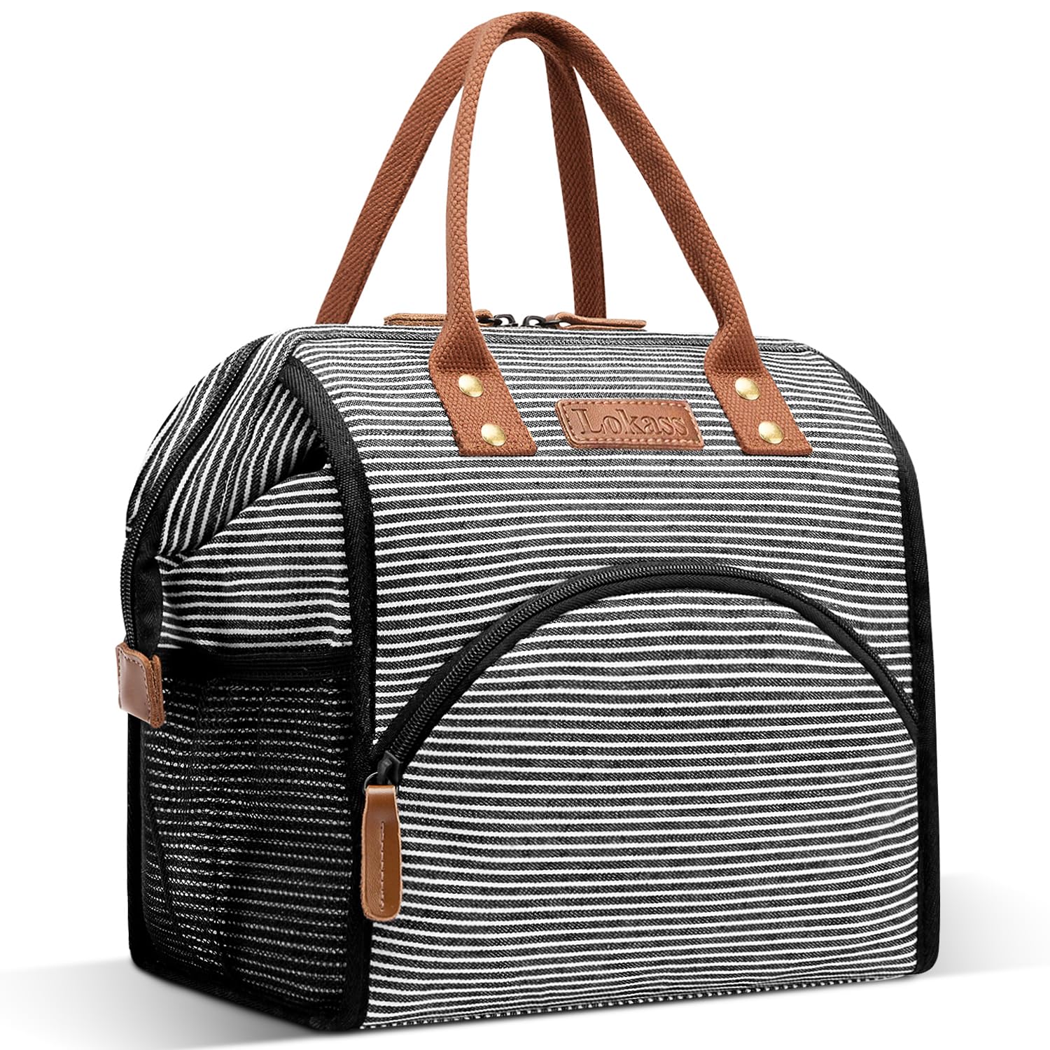 LOKASS Lunch Bag Insulated Lunch Box Wide-Open Lunch Tote Bag Large Drinks Holder Durable Canvas Thermal Snack Organizer for Women Men Adults Work Picnic Hiking Beach Fishing,Stripes
