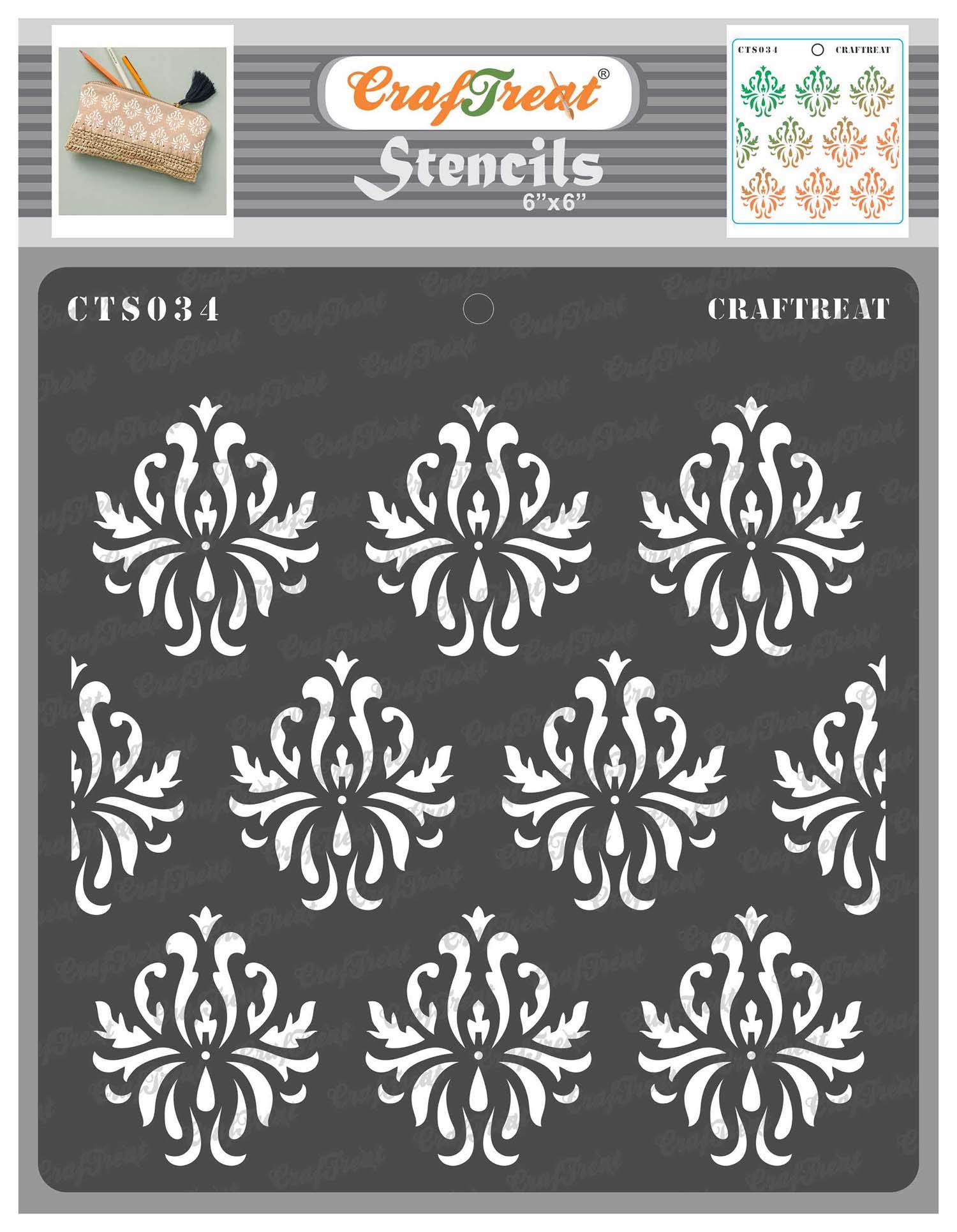 CrafTreat Reusable Damask Mandala Stencils for Painting on Wood, Canvas, Paper, Fabric, Floor, Wall and Tile - Damask Background - 6x6 Inch - DIY Art and Craft Stencils - Damask Stencils