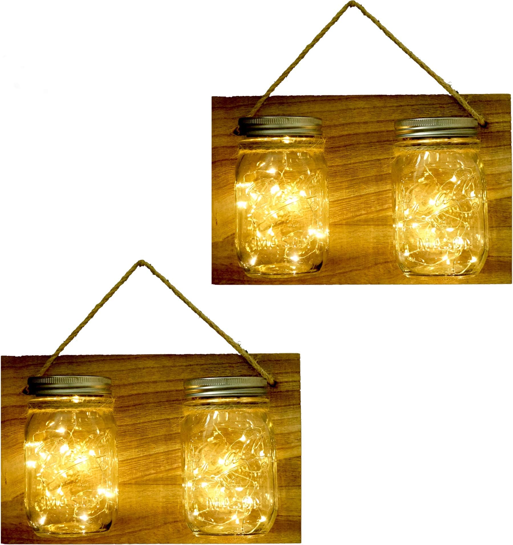 Yitee Solar Powered Mason Jar Hanging Lantern Lights,4 Pack 20 Led Fairy Firefly Jar String Lights,Rustic Wooden Panel Mason Jar Sconces for Outdoor Garden Pathway Mason Jar Wall Decor Solar Lanterns