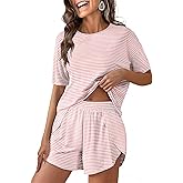 ANRABESS Womens Striped Pajamas Sets 2026 Summer 2 Piece Lounge Matching Short PJ Set Side Split Spring Sleepwear Outfits