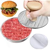 DSTHISAR Burger Press, 5 Inch Hamburger Patty Maker in Stainless Steel | Burger Mold with Wooden Handle and Base, Includes 100 Patty Papers for Homemade Burgers, BBQ and Meal Prep