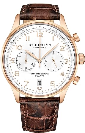 Stuhrling Original Mens Quartz Chronograph Dress Watch - Edelstahlgehäuse und Lederband - Analoges Zifferblatt mit Datumsanze