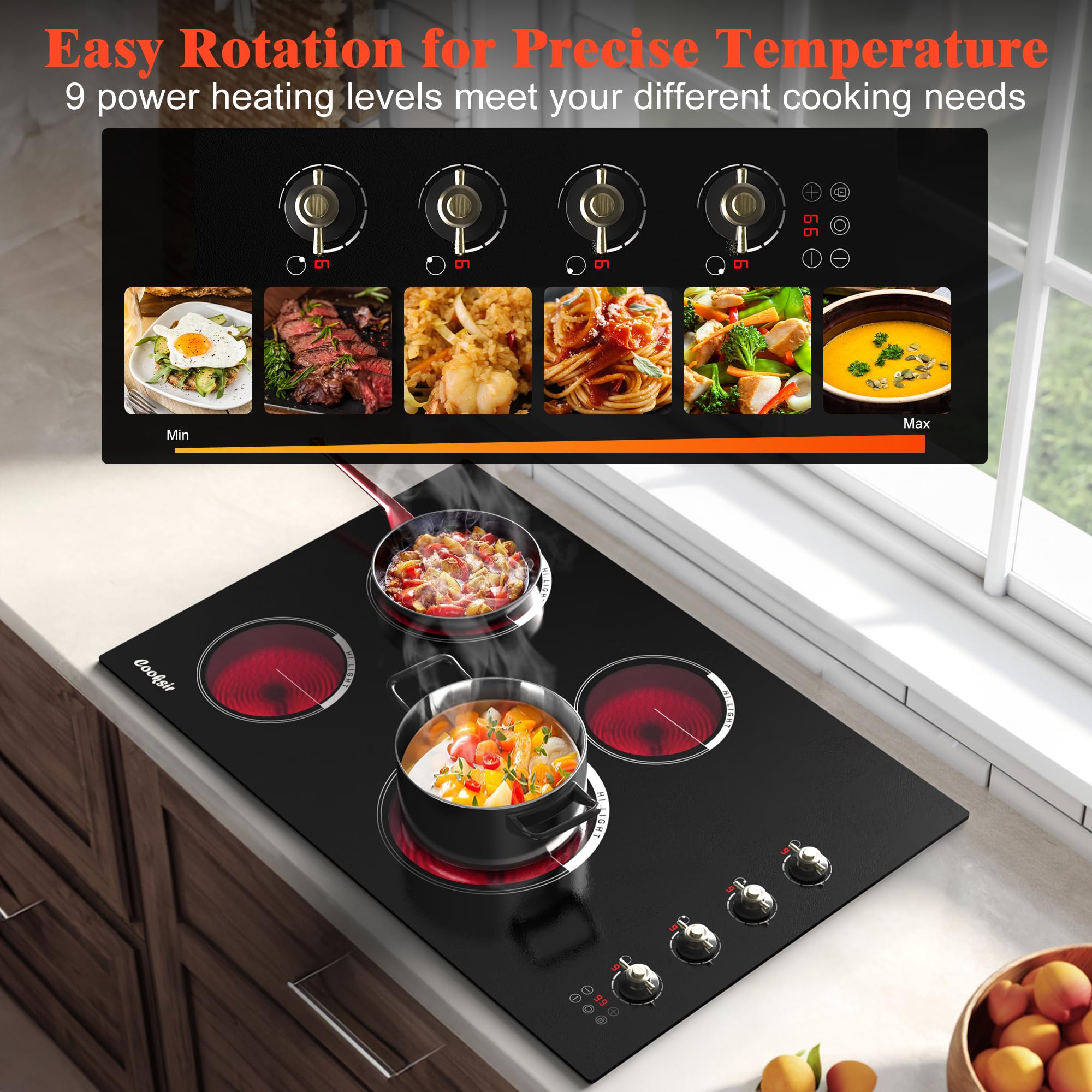 Cooksir 30 Inch Electric Cooktop - 4 Burner Built-in Glass Ceramic Stove Top 6700W, 240V Electric Cooktop Touch and Knob Control, Child Lock, Dual Ring, 99 Mins Timer, 220V Hard Wire(No Plug)