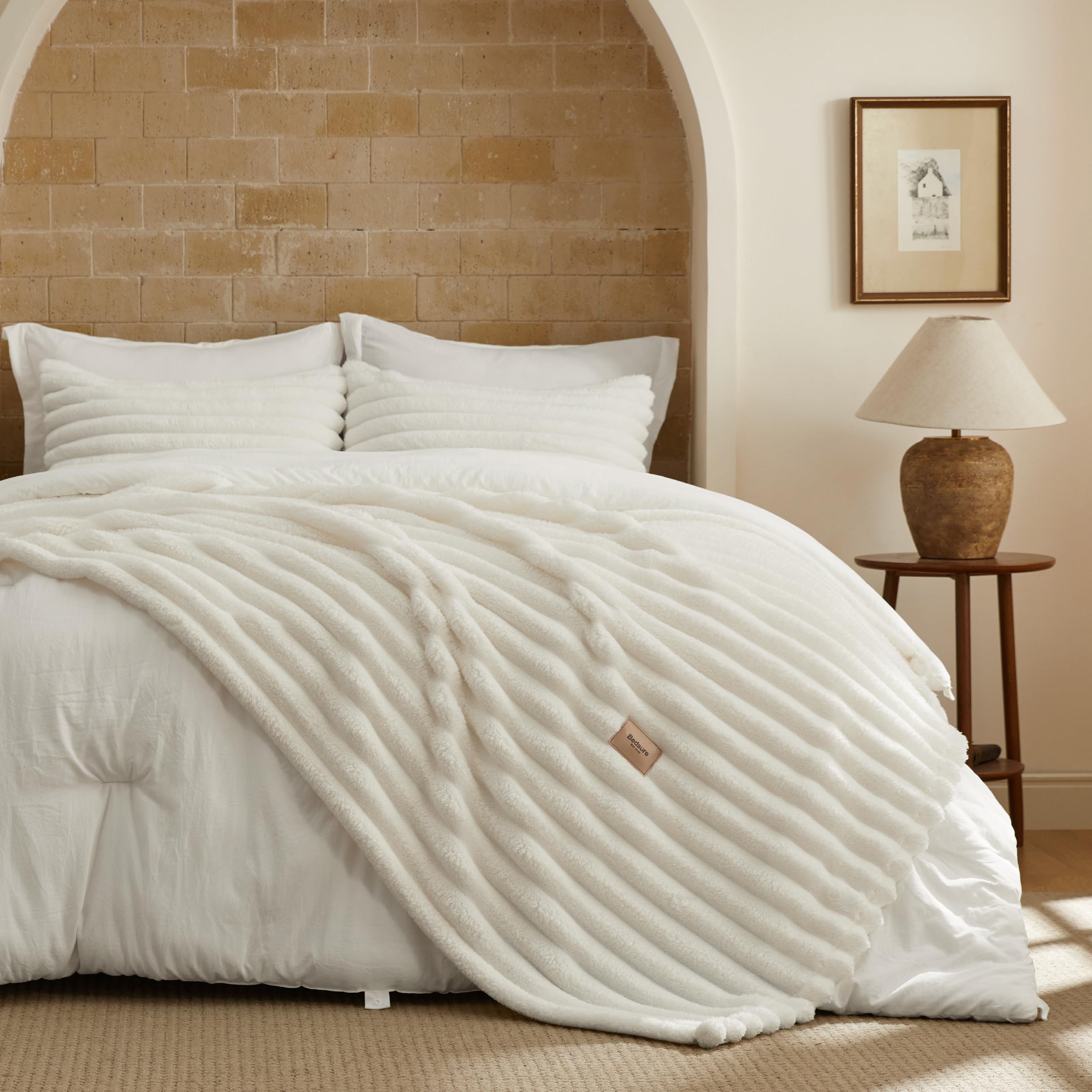 Photo 1 of Bedsure Gentlesoft™ 2-in-1 King Size Comforter Set and Detachable Fluffy Blanket, Cream White Bedding Set For All Season Use, SnapTech™ Design for Space Saving (Includes 2 Pillow Shams, 2 Pillowcases)