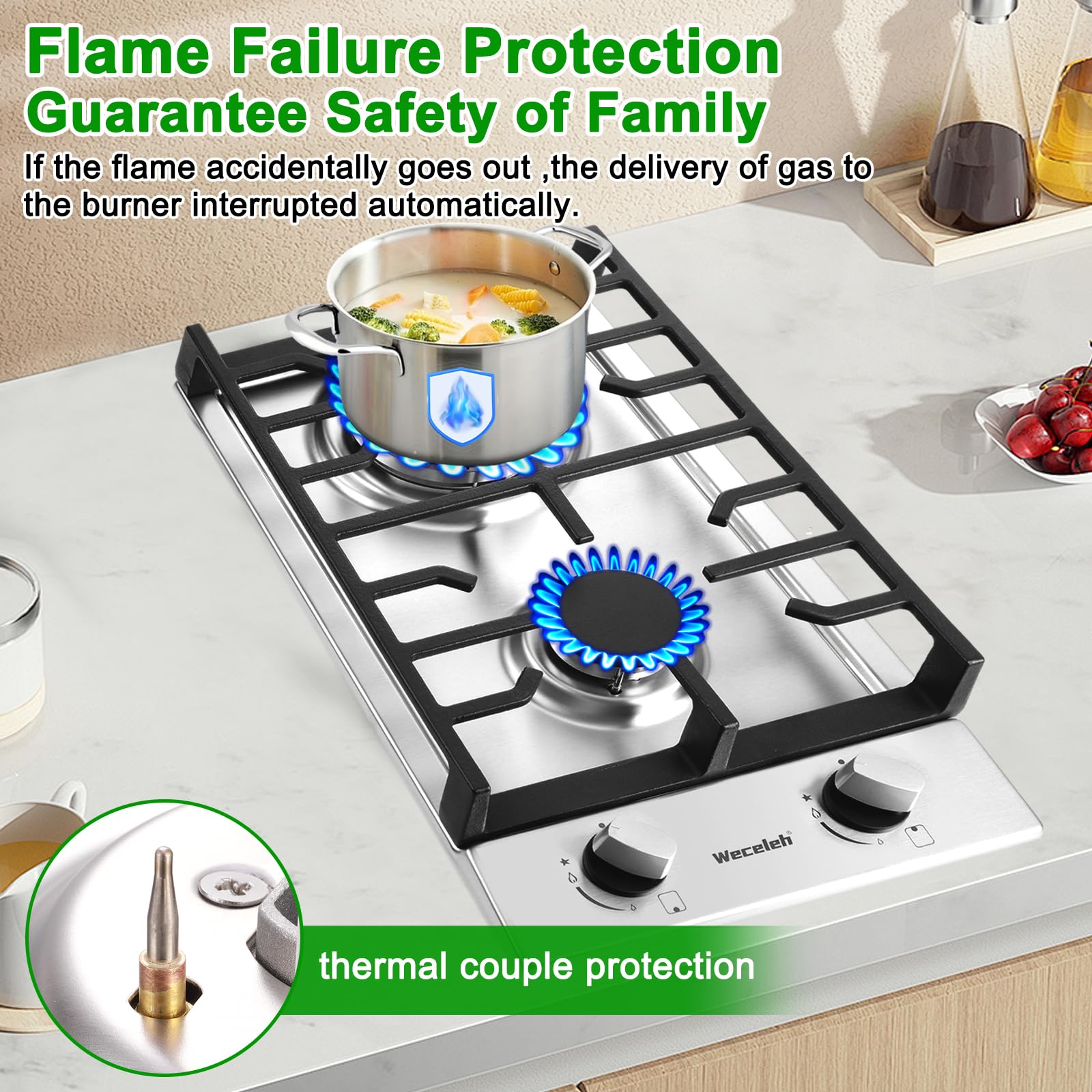 Gas Cooktop 2 Burners Built-in Gas Stove Top,LPG/NG Dual Fuel Continuous Grates,Auto Ignition,Thermocouple Protection,Stainless Steel,Heavy Duty Cast Iron 120V (12 inch)