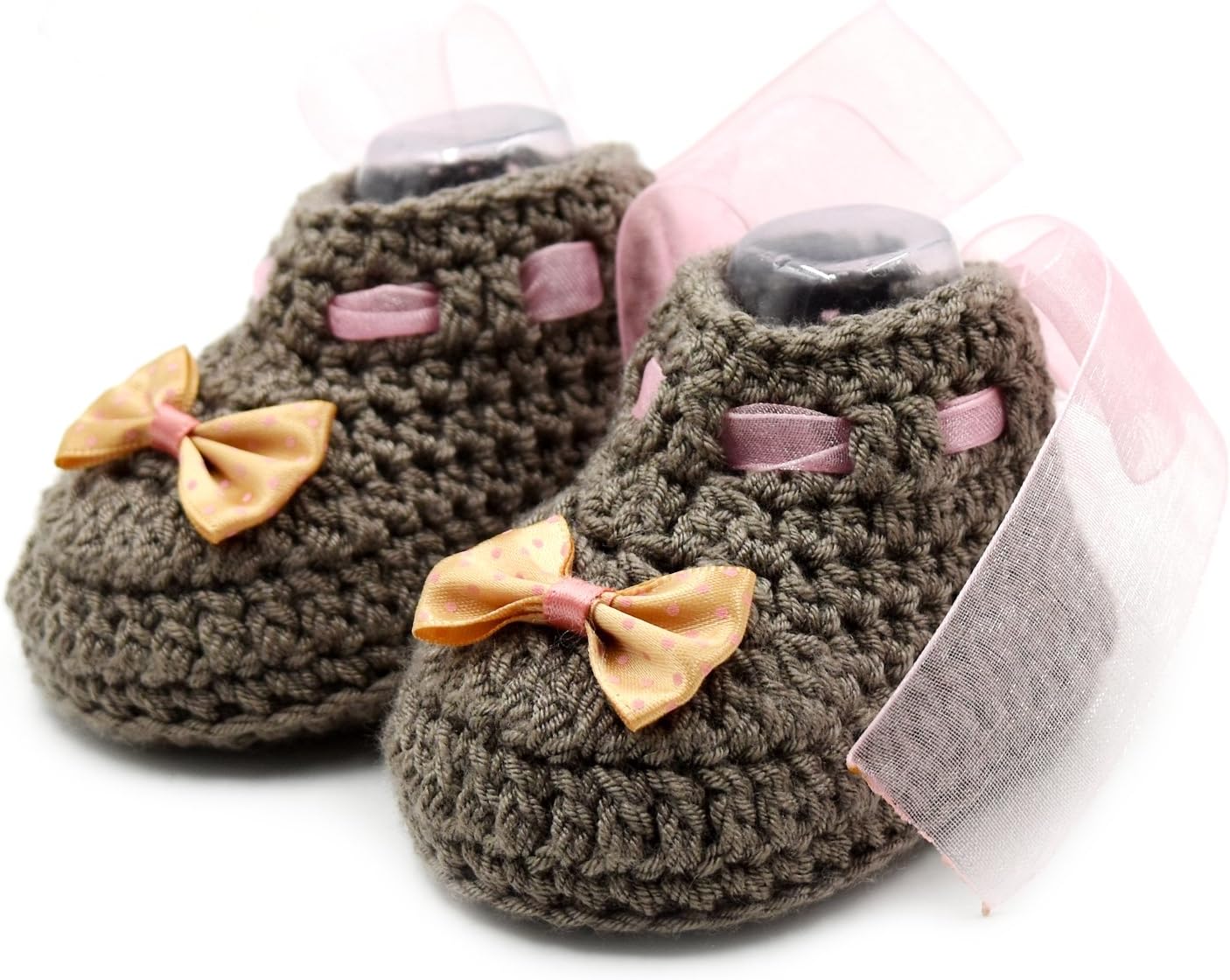Newborn Baby Booties-Handmade Crochet Baby Booties Brown Sneakers-Brown,Ribbon & Bow Ankle Boots-Brown-0-3 mths