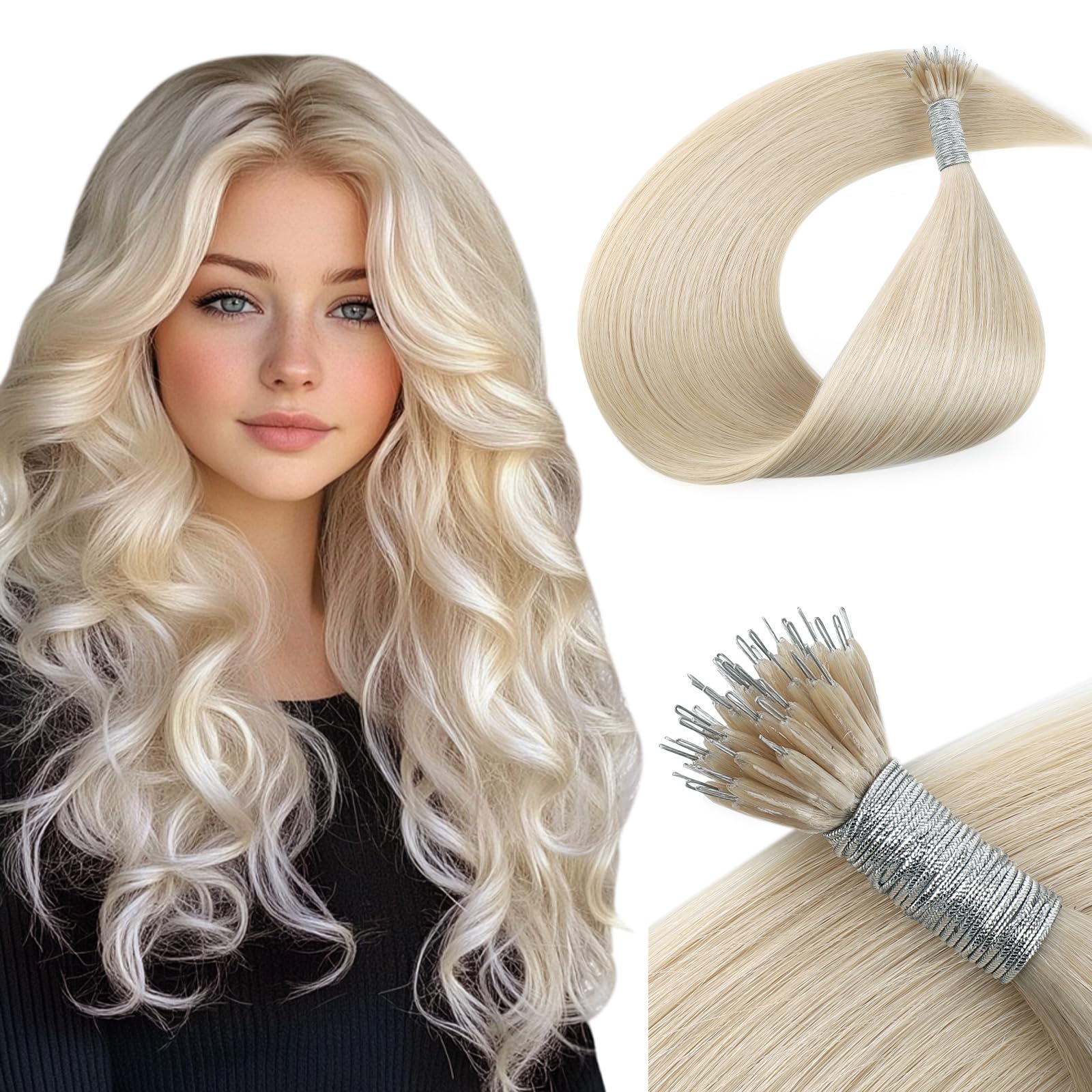 Yuniffe Nano Hair Extensions Real Human Hair Platinum Blonde Remy Straight Nano Beads Extensions Natural Long Straight 16 Inch 50g/50s