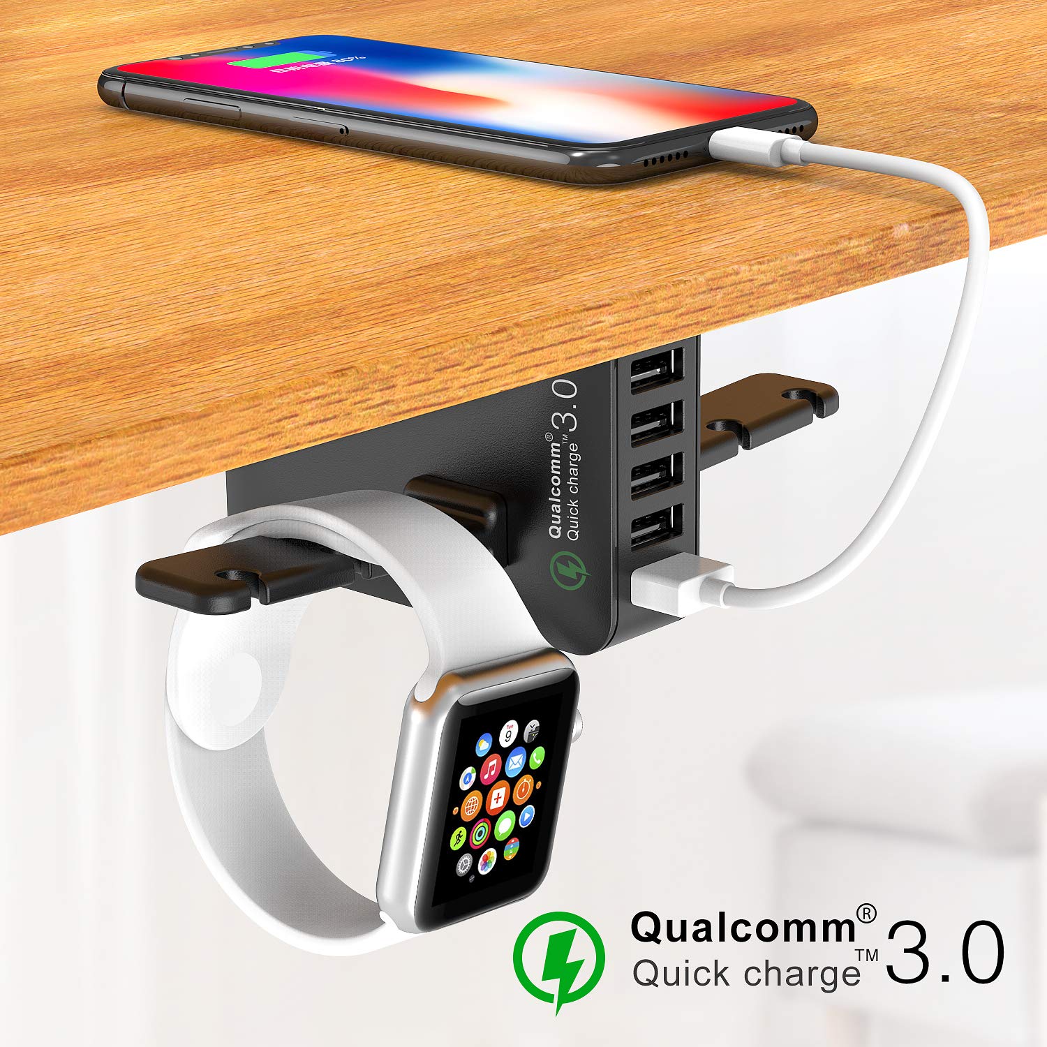 Headphone Stand with USB Charger,Yostyle Under Desk Headset Hook Holder Hanger Mount with 5 USB Port Quick Charging Station(8A/40W),iWatch Charging Dock for PC Gaming Headsets Accessories,UL Tested