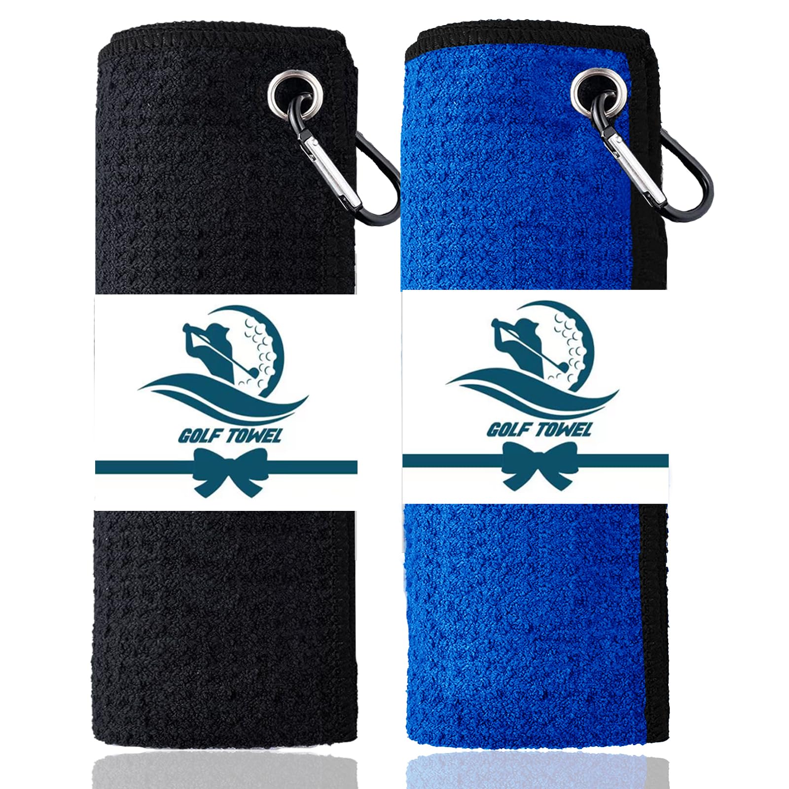 AXKAL Golf Towels for Golf Bags with Clip Black Heavy Duty Carabiner 16’’x16’’Value 2 Pack, Tri-fold Golf Towels Premium Microfiber Fabric Waffle (2 Pack 16''x16'', Black+Blue)