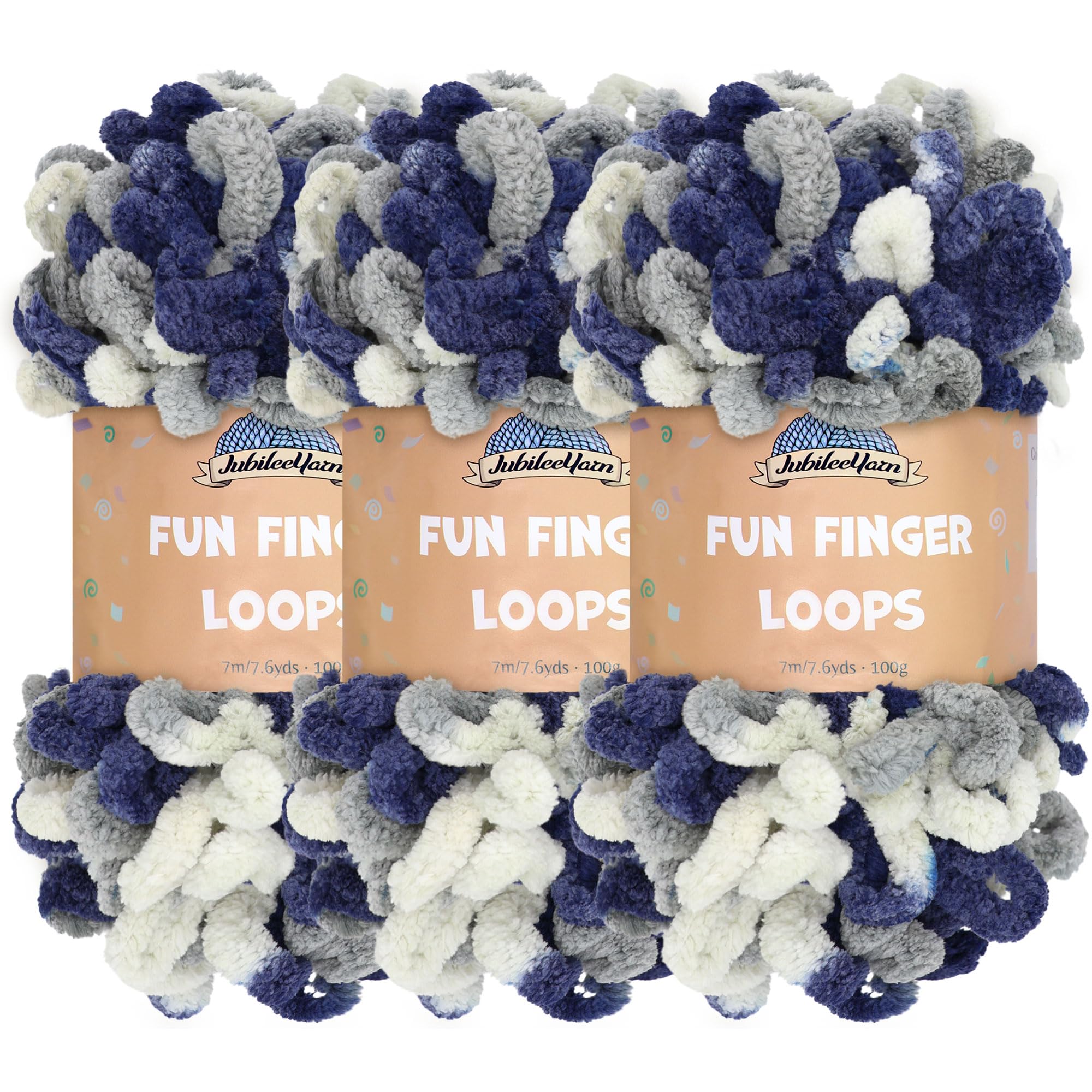 JubileeYarn Fun Finger Loops Yarn - Polyester Jumbo Weight Loop Yarn - 100g/Skein - Multicolour Navy Grey - 3 Skeins — image 1