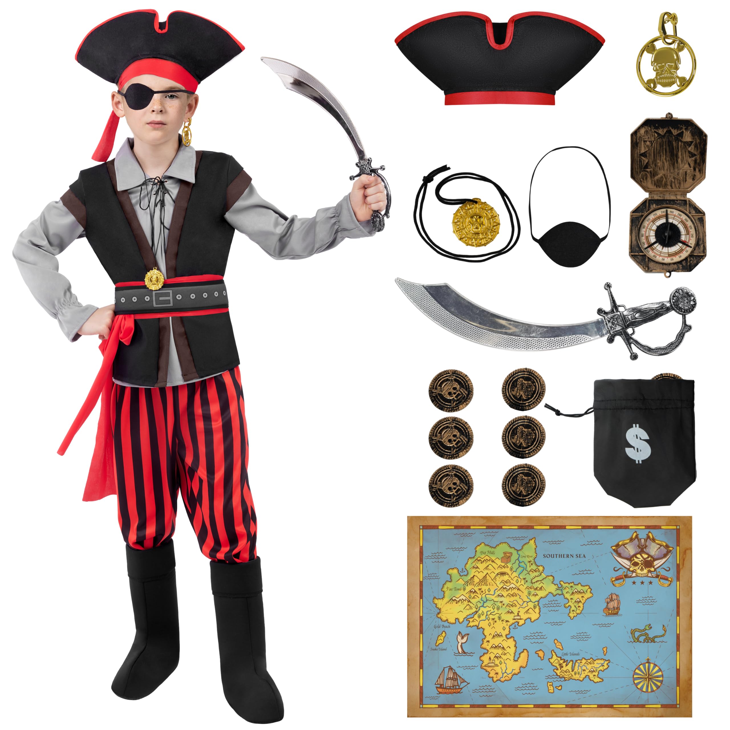Spooktacular Creations Halloween Boys Costume, Boys Pirate Outfit, Kids Buccaneer Apparel with Accessories for Halloween Party Role Playing(Medium(8-10 yrs))