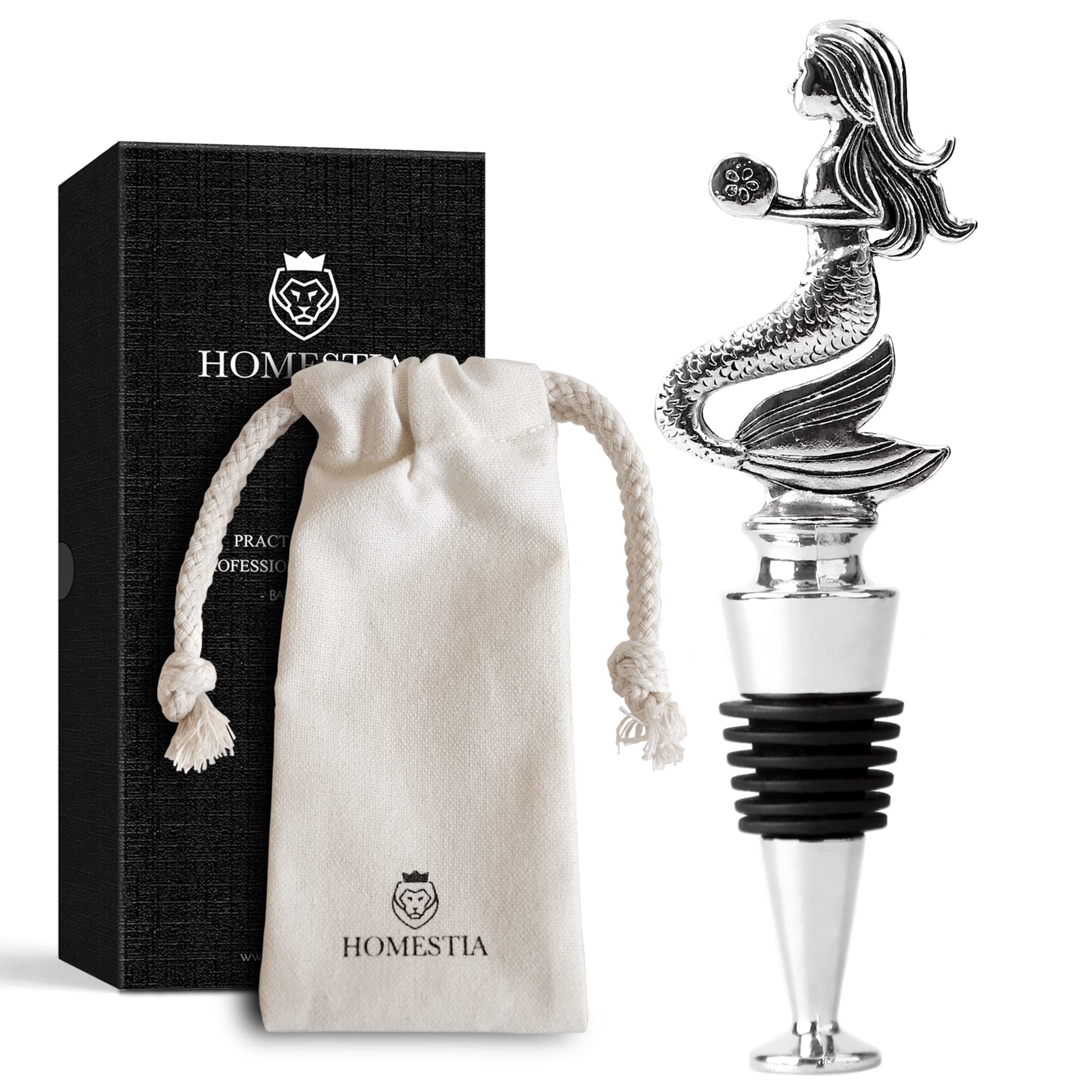 Homestia Wine Stoppers for Wine Bottles, Mermaid Wine Beverage Bottle Stopper, Stainless Steel Reusable Wine Corks with Silicone Seal, Bottle Cover Leak proof Keep Fresh